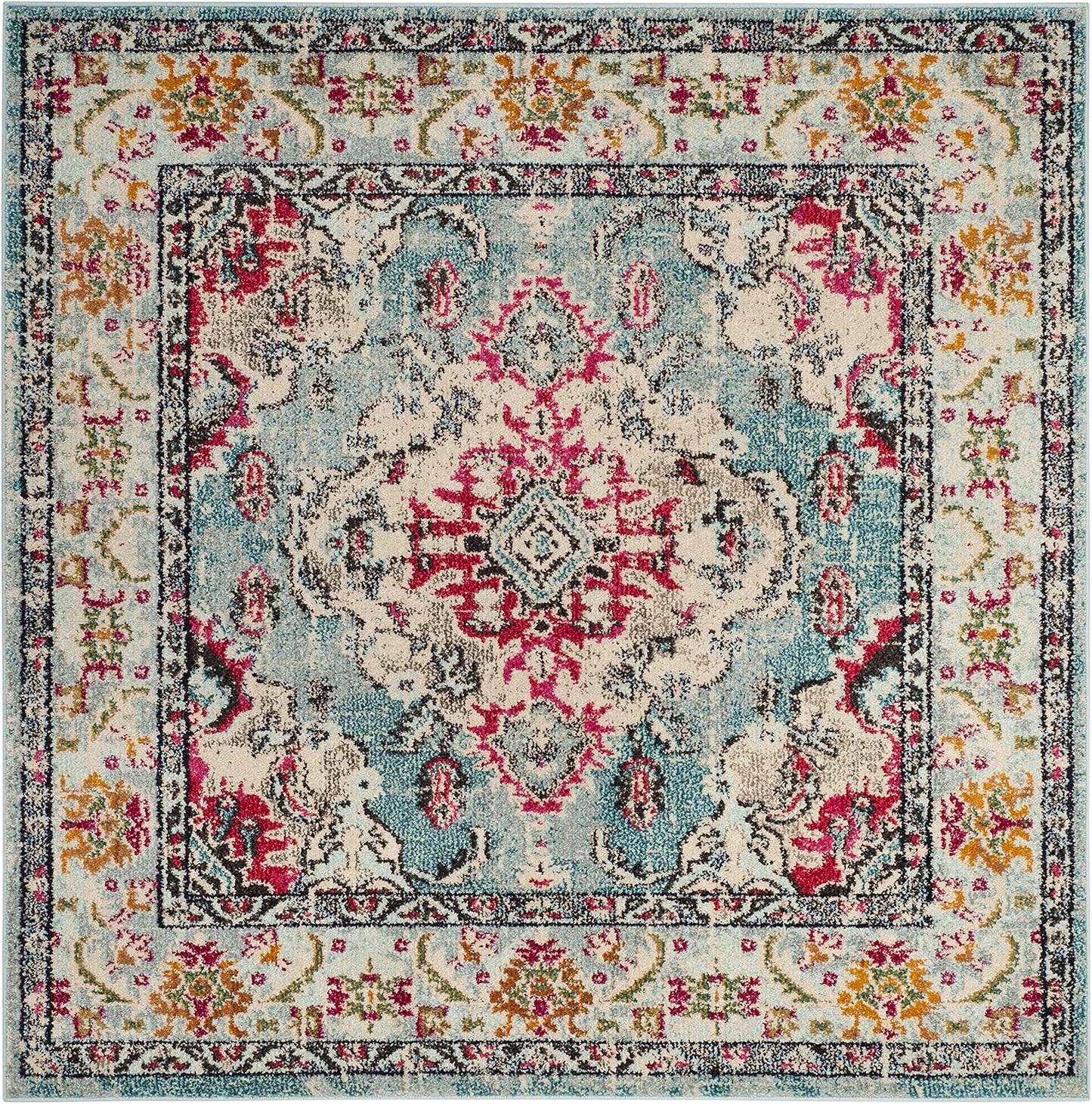 SAFAVIEH Monaco Collection Area Rug - 5' Square, Light Blue & Fuchsia, Boho Chic Medallion Distressed Design, Non-Shedding & Easy Care, Ideal for High Traffic Areas in Living Room, Bedroom (MNC243J)