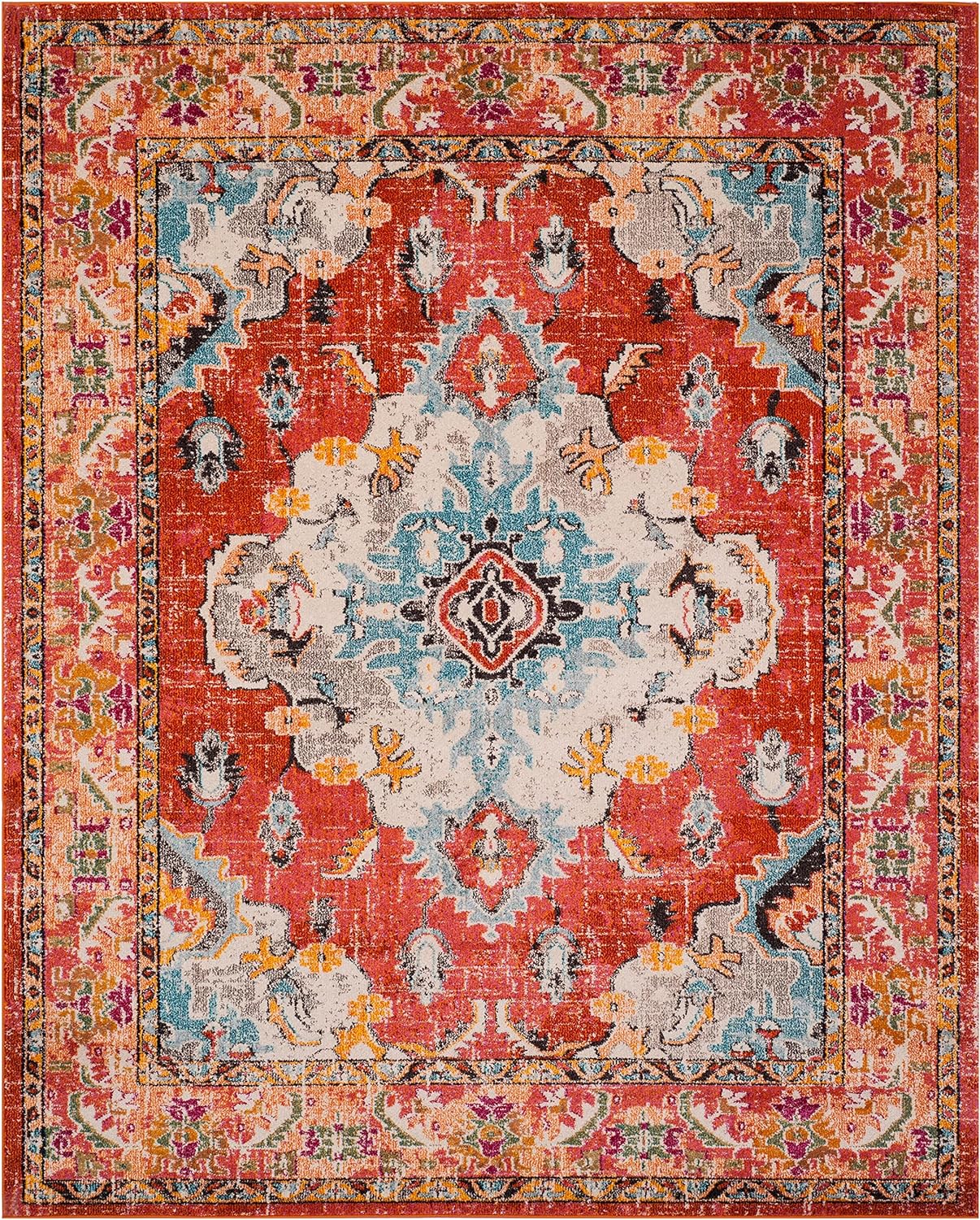 SAFAVIEH Monaco Collection X-Large Area Rug - 12' x 18', Orange & Light Blue, Medallion Distressed Design, Non-Shedding & Easy Care, Ideal for High Traffic Areas in Living Room, Bedroom (MNC243H)