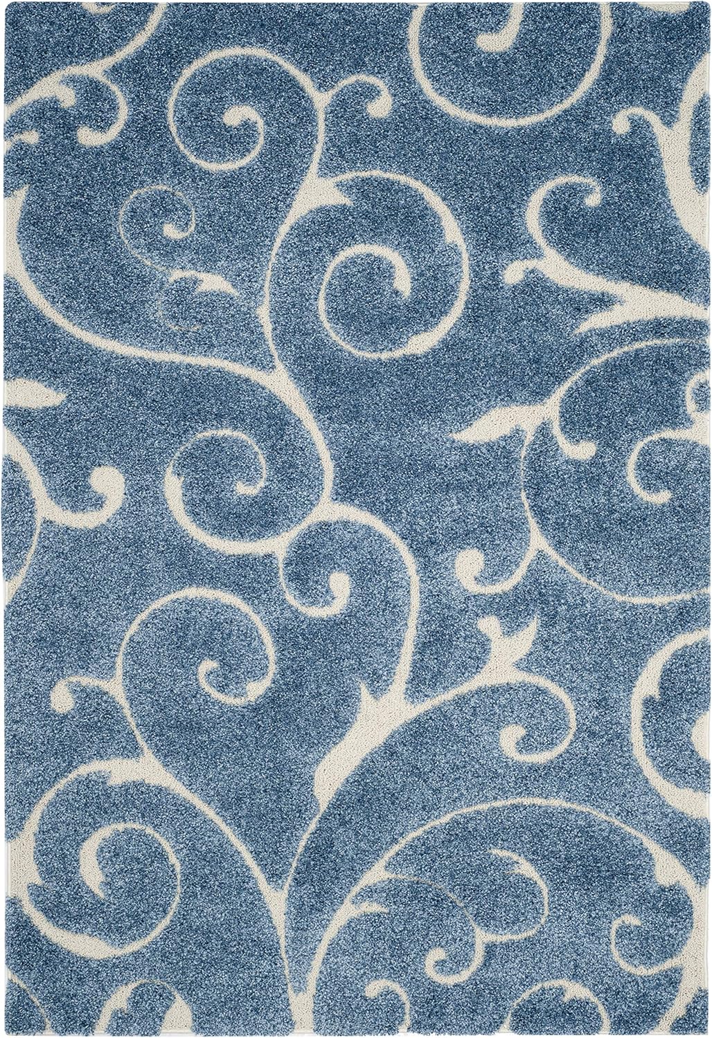 SAFAVIEH Florida Shag Collection Area Rug - 9'6" x 13', Light Blue & Cream, Scroll Design, Non-Shedding & Easy Care, 1.2-inch Thick Ideal for High Traffic Areas in Living Room, Bedroom (SG455-6011)