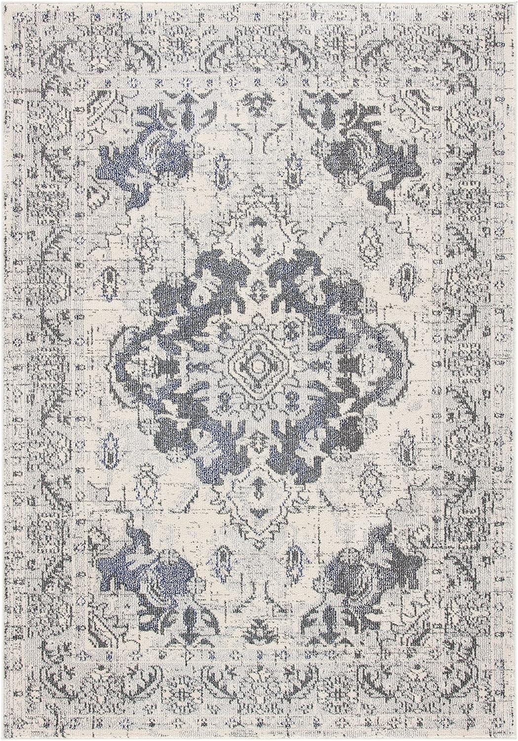 SAFAVIEH Monaco Collection Area Rug - 5'1" x 7'7", Ivory & Grey, Boho Chic Medallion Distressed Design, Non-Shedding & Easy Care, Ideal for High Traffic Areas in Living Room, Bedroom (MNC243B)
