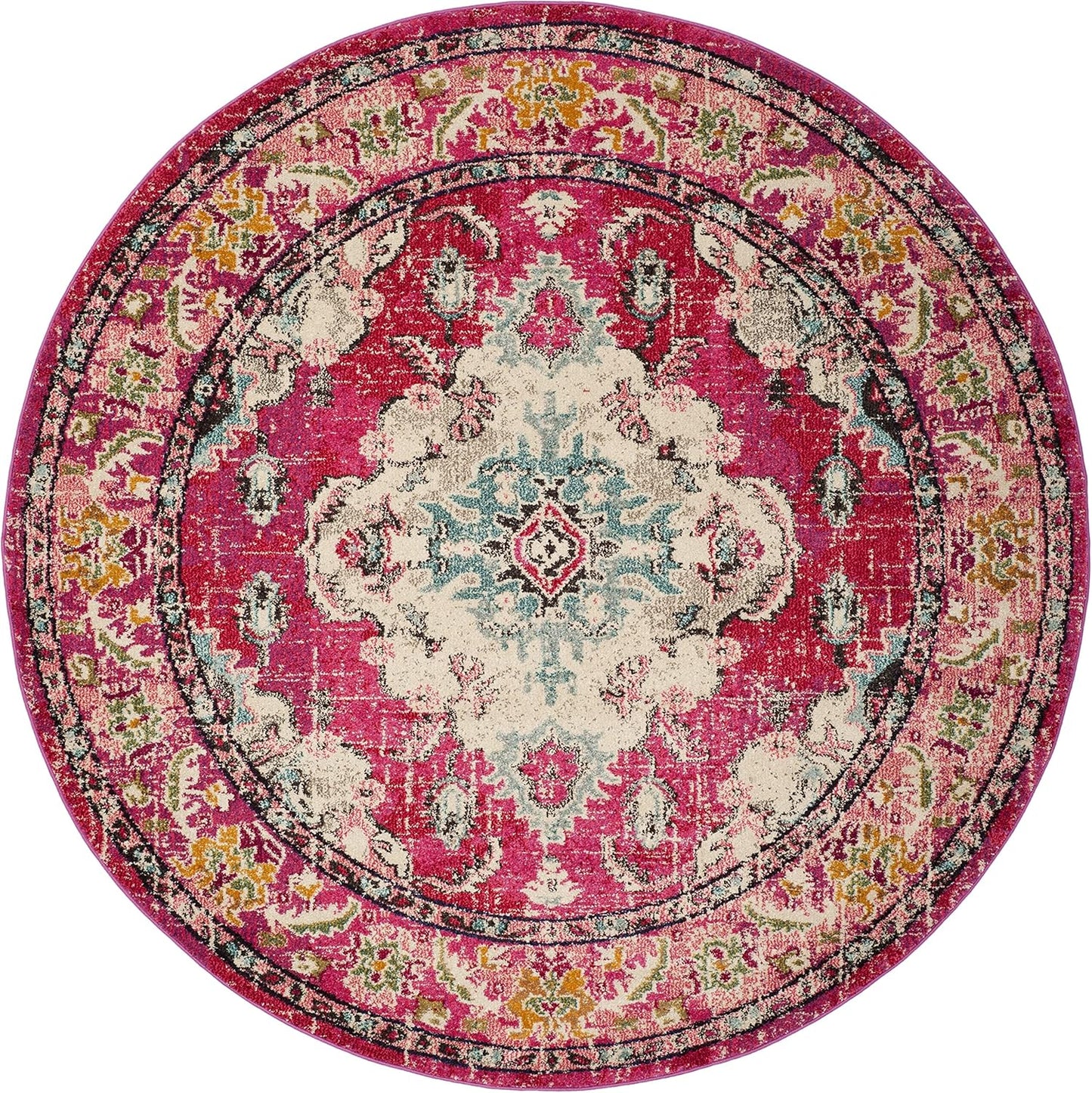 SAFAVIEH Monaco Collection Area Rug - 3' Round, Pink & Multi, Boho Chic Medallion Distressed Design, Non-Shedding & Easy Care, Ideal for High Traffic Areas in Living Room, Bedroom (MNC243D)