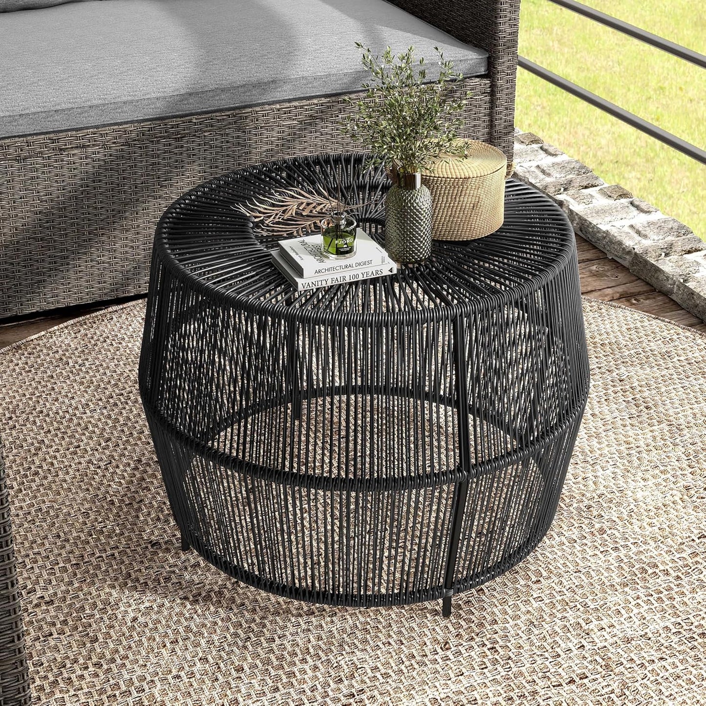 Muse & Lounge Co. Ysar Boho Rattan Round Coffee Table Outdoor with Metal Frame, All-Weather and Rust Resistant, Handcrafted Coastal Furniture for Patio, Poolside, Garden, Yard, Black