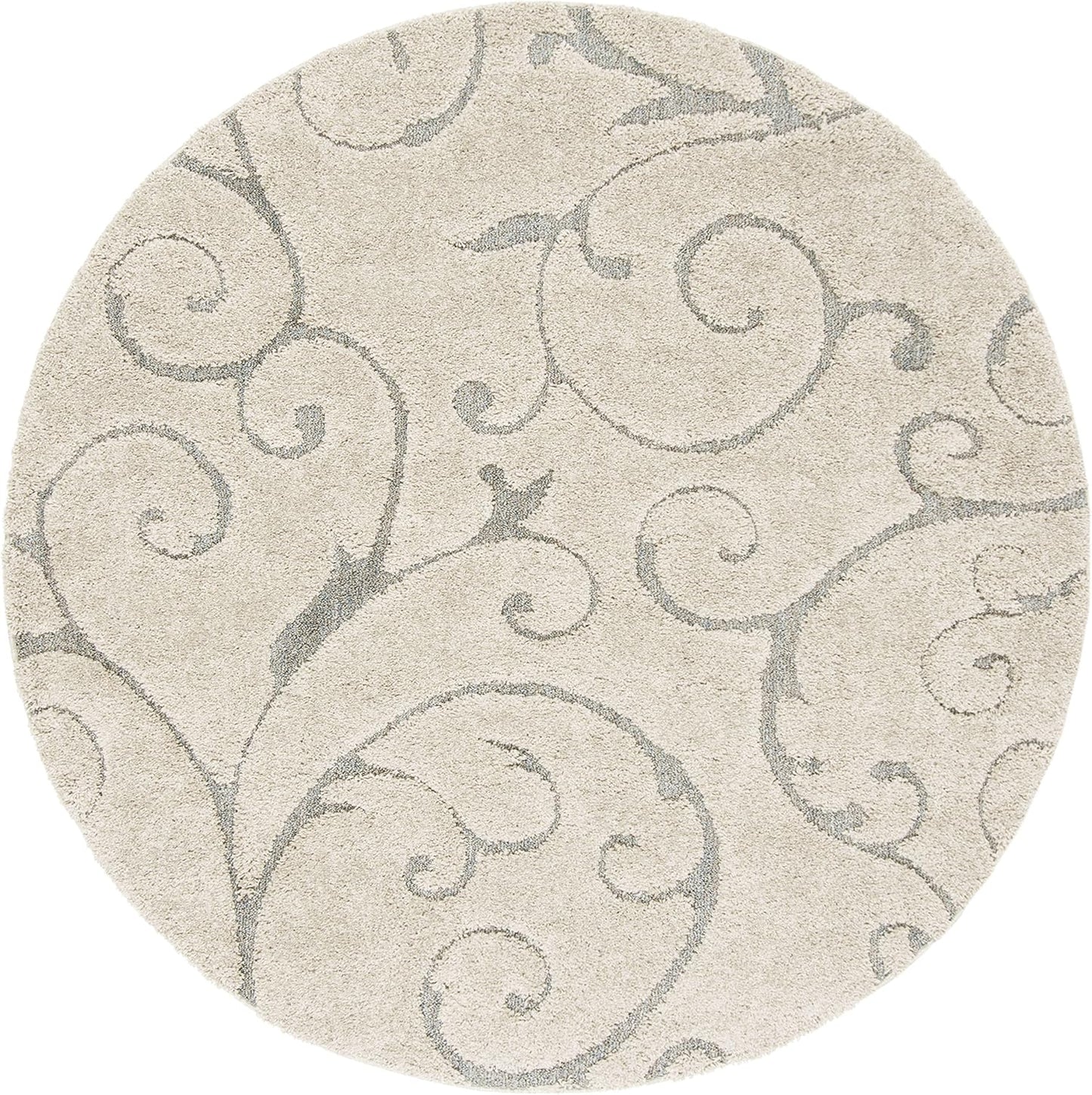 SAFAVIEH Florida Shag Collection Area Rug - 6'7" Round, Beige & Blue Grey, Scroll Design, Non-Shedding & Easy Care, 1.2-inch Thick Ideal for High Traffic Areas in Living Room, Bedroom (SG455-1155)