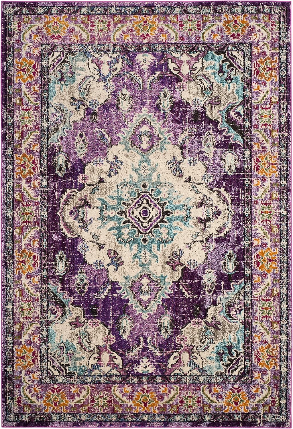 SAFAVIEH Monaco Collection Accent Rug - 4' x 5'7", Violet & Light Blue, Medallion Distressed Design, Non-Shedding & Easy Care, Ideal for High Traffic Areas in Entryway, Living Room, Bedroom (MNC243L)