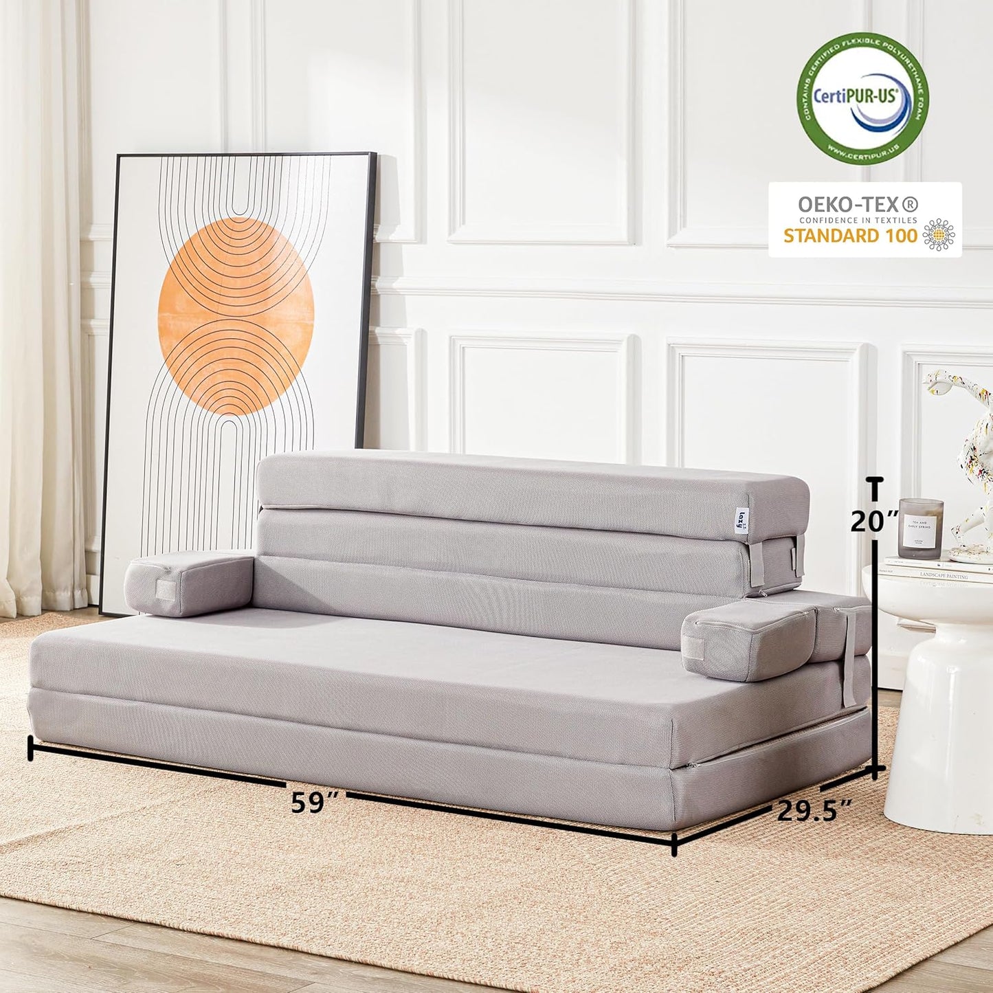 Sleep 4 Inch Foldable Mattress, Portable Floor Mattress Couch with Headrest, Washable Cover, Foldable Foam Couch Queen for Guest Bed, Folding Sofa Bed, Camping, Road Trip, Dark Grey