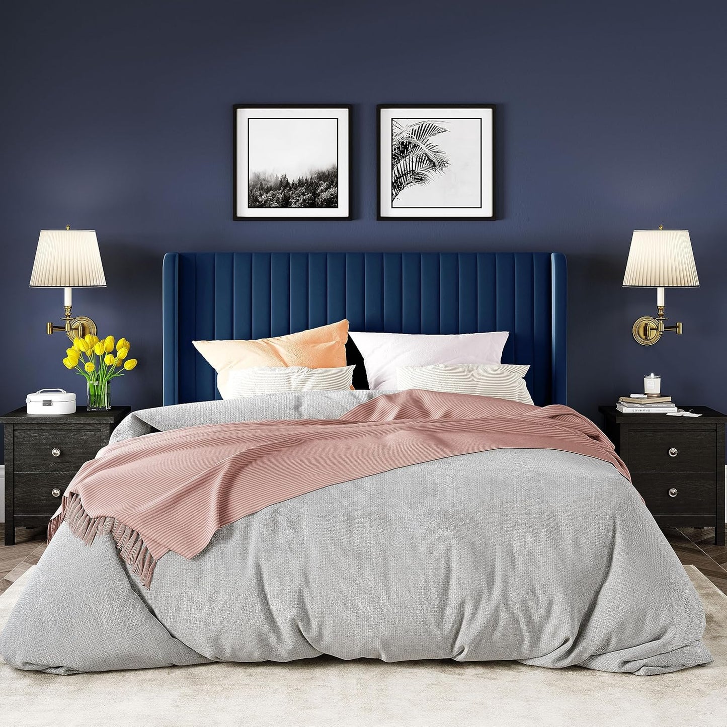 Allewie Queen Size Velvet Bed Frame/Vertical Channel Tufted Wingback Headboard/Upholstered Platform Bed/Strong Wooden Slats/No Box Spring Needed/Easy Assembly/Dark Blue