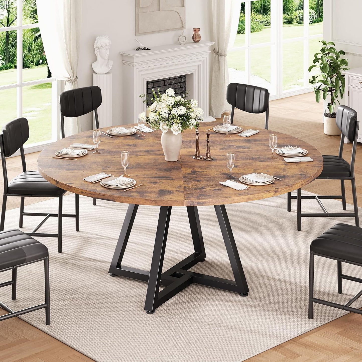 51“ Round Kitchen Dining Room Table for 6-8, Circle Dining Dinner Table with Pedestal Metal Frame, Space Saving Wood Industrial Furniture for Small Space (Rustic Brown, 51In)