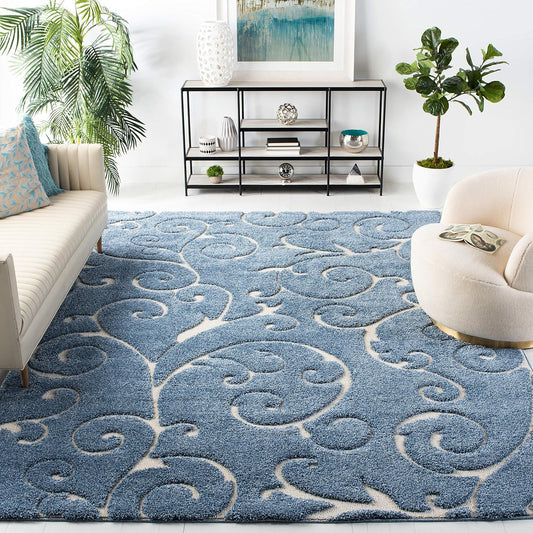 SAFAVIEH Florida Shag Collection X-Large Area Rug - 11' x 15', Light Blue & Cream, Scroll, Non-Shedding & Easy Care, 1.2-inch Thick Ideal for High Traffic Areas in Living Room, Bedroom (SG455-6011)