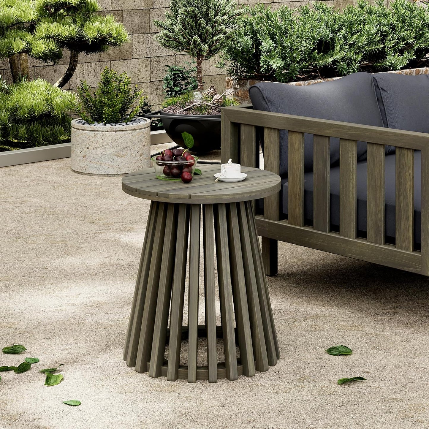 Christopher Knight Home Taki Acacia Wood Patio Coffee Table, Round Table with Unique Wooden Base for Backyard, Stylish Indoor/Outdoor Table, Easy Assembly, Space Saving Outdoor Furniture, Grey