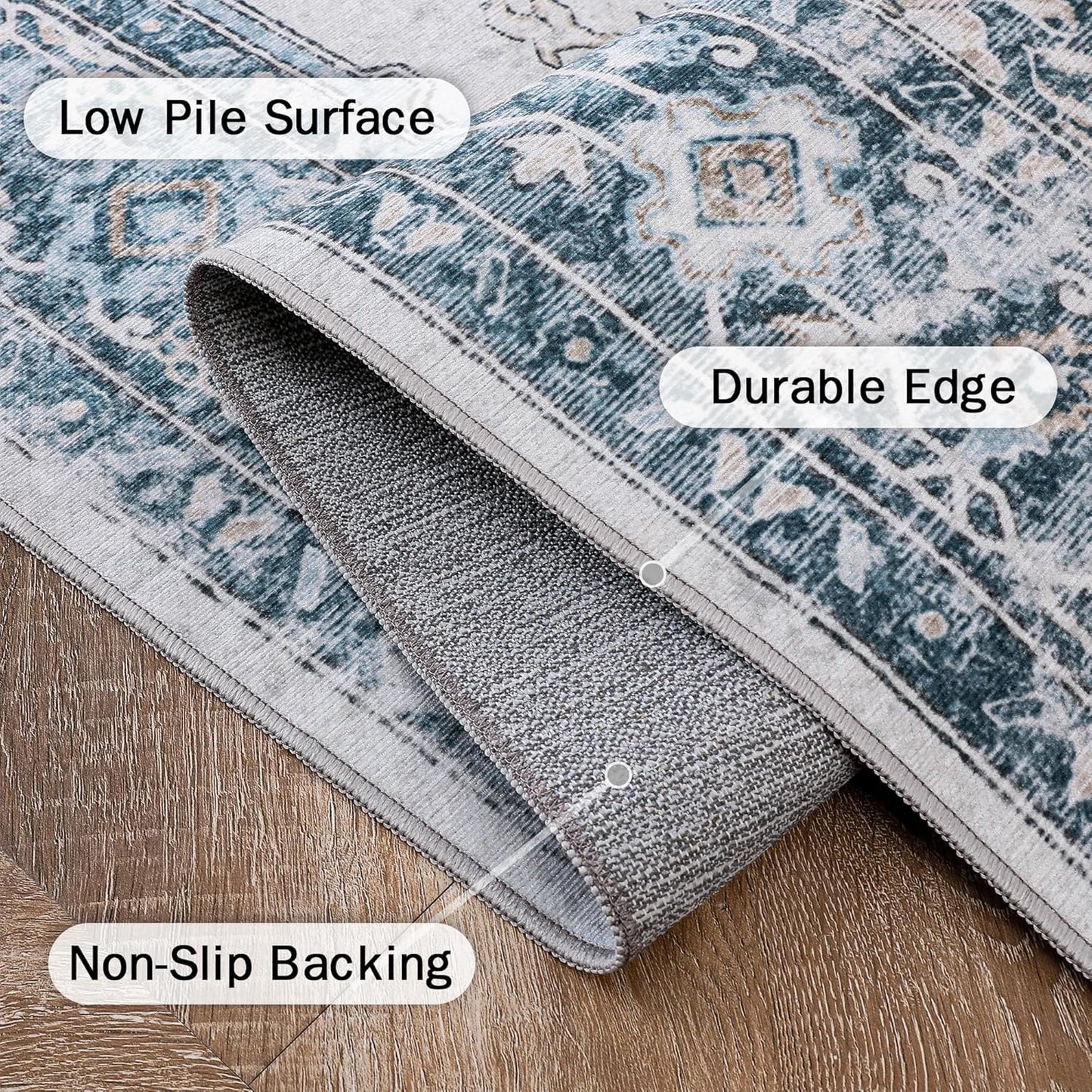 GENIMO 7'6''x9'6'' Area Rugs for Living Room, Machine Washable Non Slip Vintage Rugs, Low Pile Lightweight Chenille Print Rug for Bedroom, Dining Room, Home Office, Blue