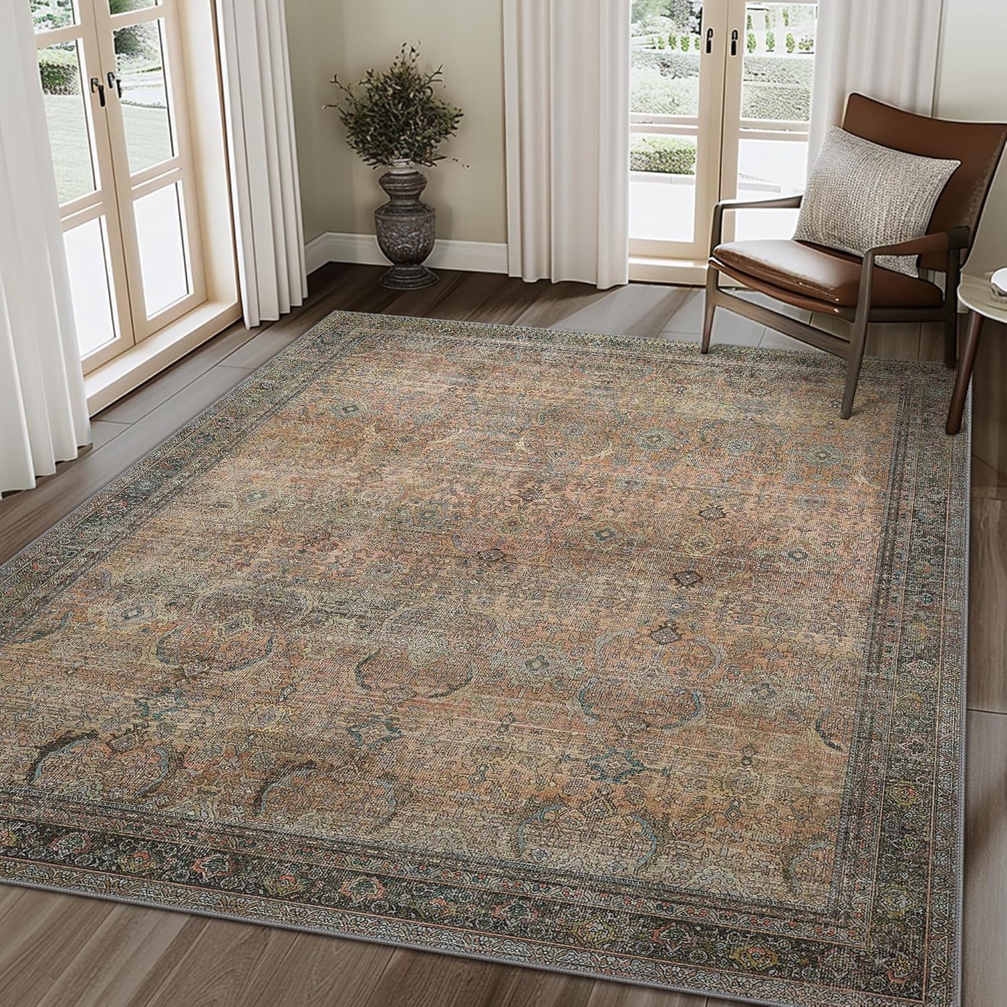 2X5 Area Rugs Machine Washable Rugs for Living Room, Vintage Boho Large Rugs for Bedroom Dining Room, Non Slip Indoor Soft Distressed Lightweight Thin Low Pile Carpet, Vintage Sunset