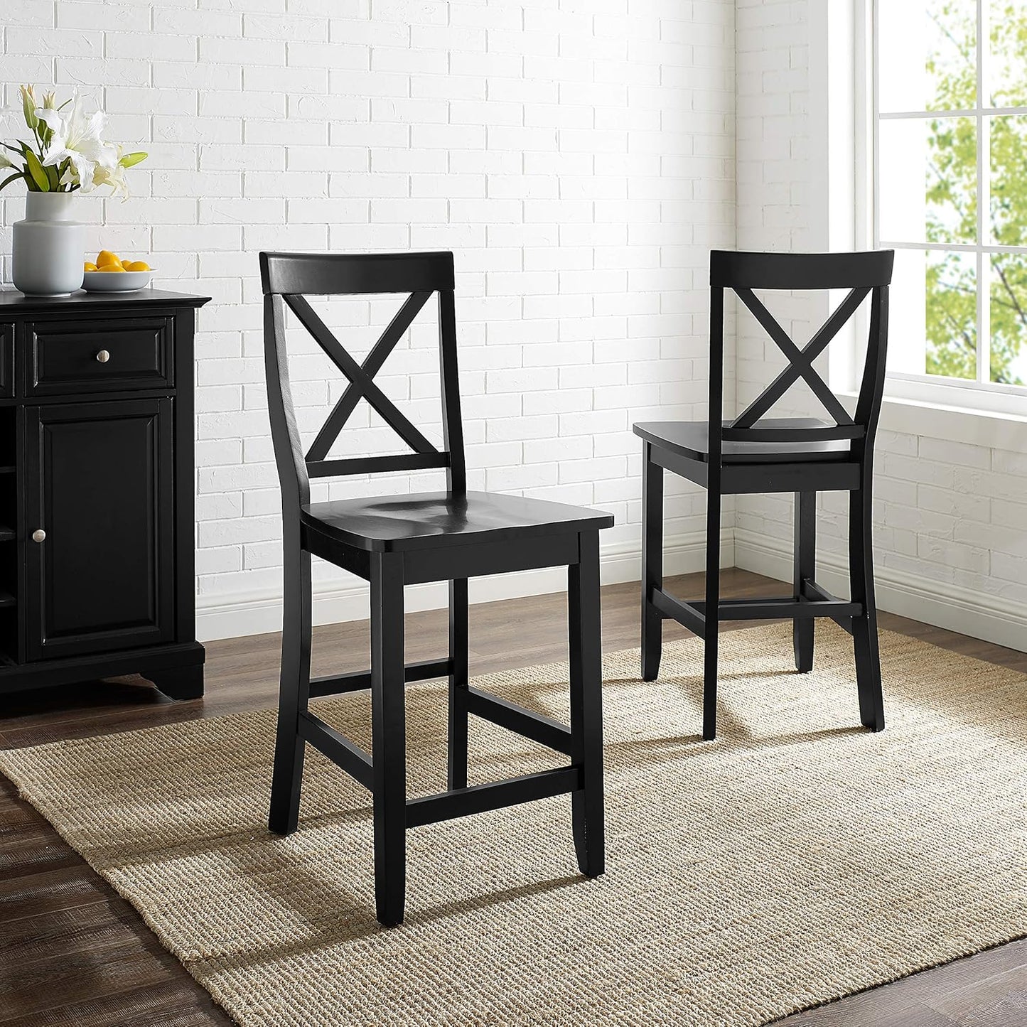 Crosley Furniture X-Back Wood Counter Height Bar Stools Set of 2, Black, 24-inch