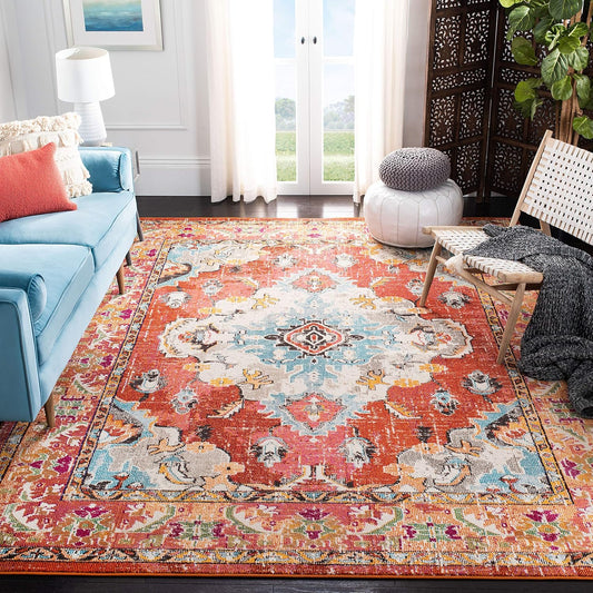 SAFAVIEH Monaco Collection X-Large Area Rug - 12' x 18', Orange & Light Blue, Medallion Distressed Design, Non-Shedding & Easy Care, Ideal for High Traffic Areas in Living Room, Bedroom (MNC243H)