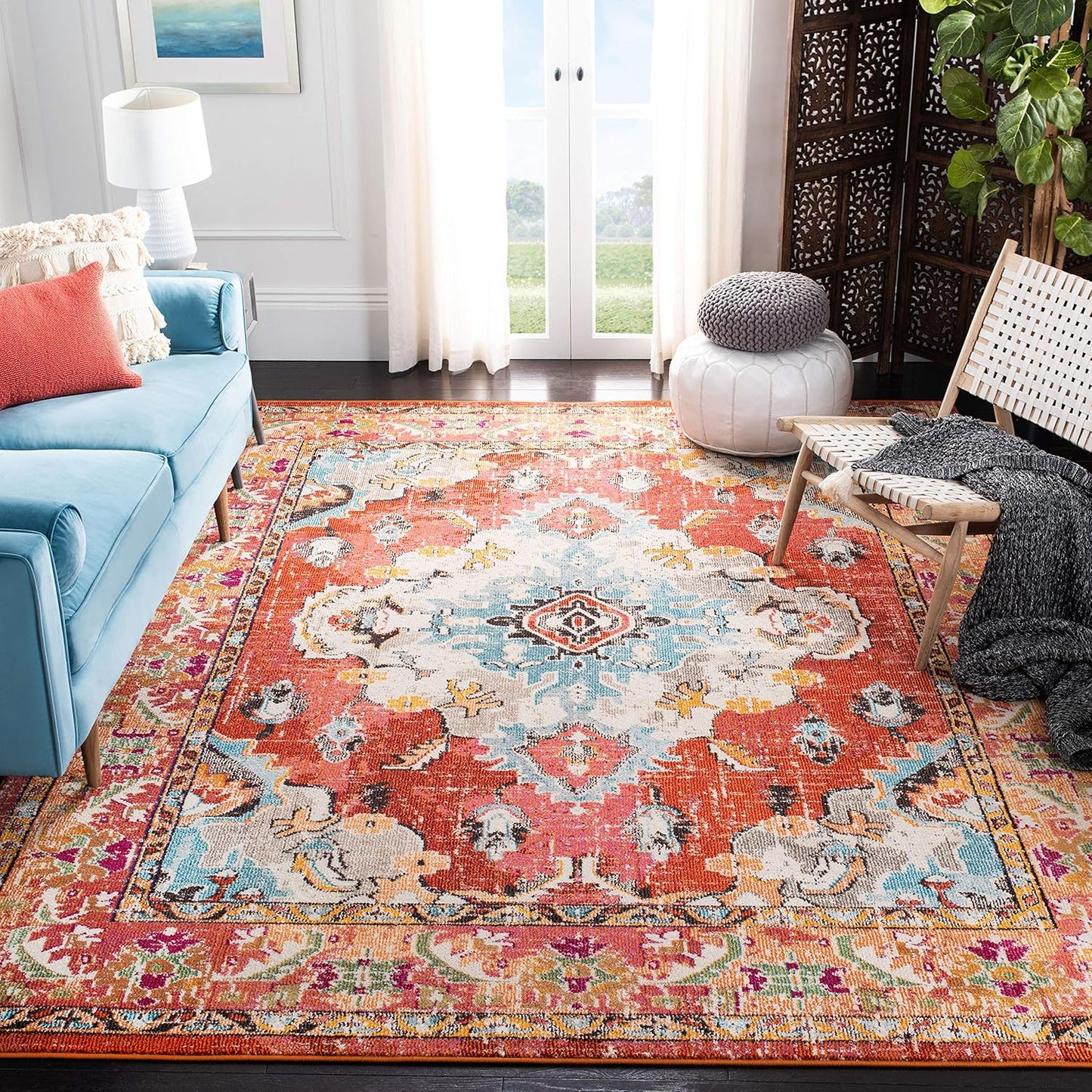 SAFAVIEH Monaco Collection Area Rug - 9' x 12', Orange & Light Blue, Boho Chic Medallion Distressed Design, Non-Shedding & Easy Care, Ideal for High Traffic Areas in Living Room, Bedroom (MNC243H)
