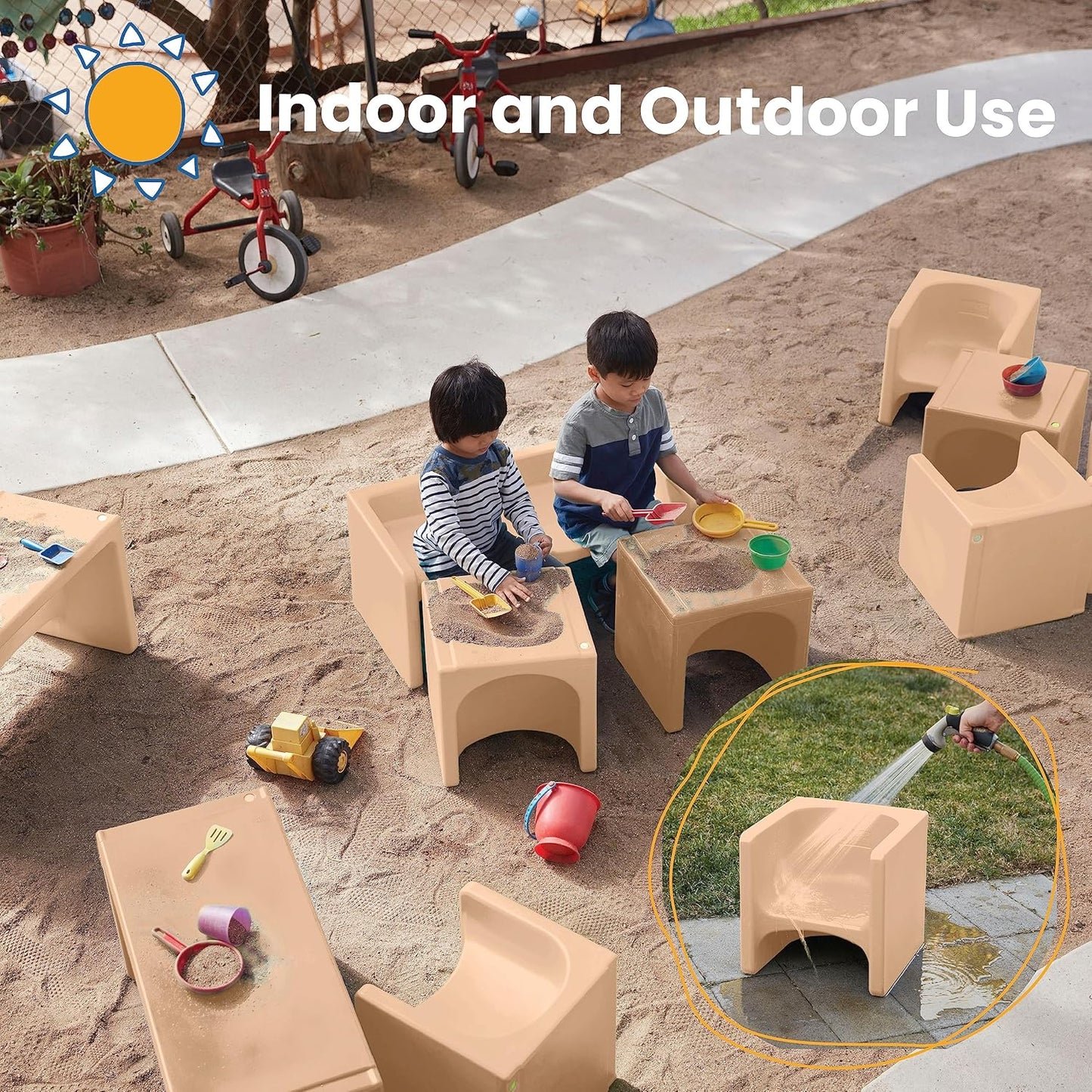 ECR4Kids Tri-Me Table and Cube Chair Set, Multipurpose Furniture, Sand, 3-Piece