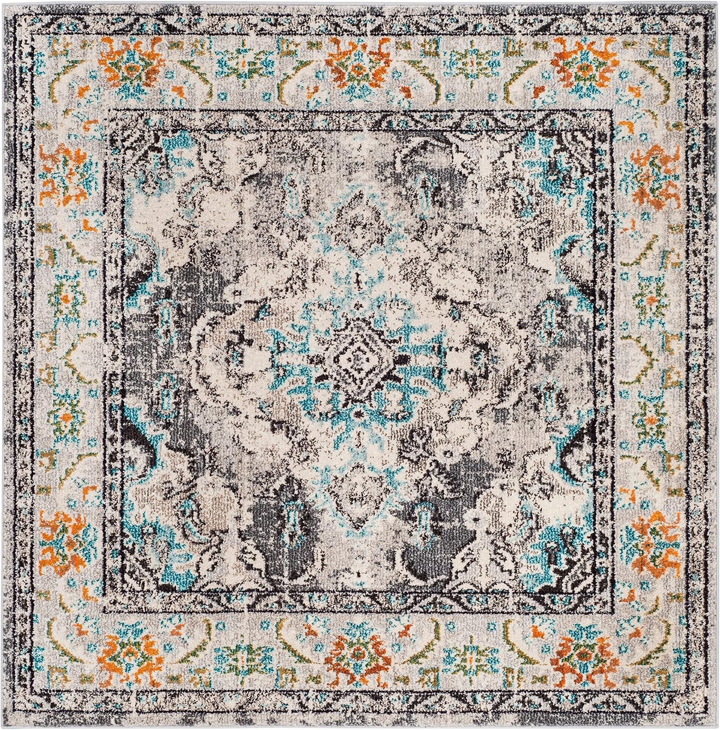 SAFAVIEH Monaco Collection Area Rug - 5' Square, Grey & Light Blue, Boho Chic Medallion Distressed Design, Non-Shedding & Easy Care, Ideal for High Traffic Areas in Living Room, Bedroom (MNC243G)