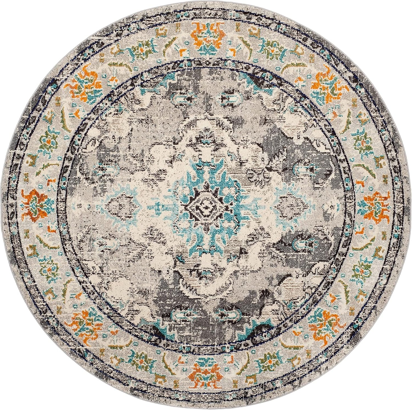 SAFAVIEH Monaco Collection Area Rug - 6'7" Round, Grey & Light Blue, Boho Chic Medallion Distressed Design, Non-Shedding & Easy Care, Ideal for High Traffic Areas in Living Room, Bedroom (MNC243G)
