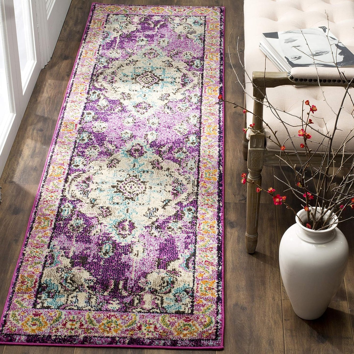 SAFAVIEH Monaco Collection Runner Rug - 2'2" x 8', Violet & Light Blue, Boho Chic Medallion Distressed Design, Non-Shedding & Easy Care, Ideal for High Traffic Areas in Living Room, Bedroom (MNC243L)