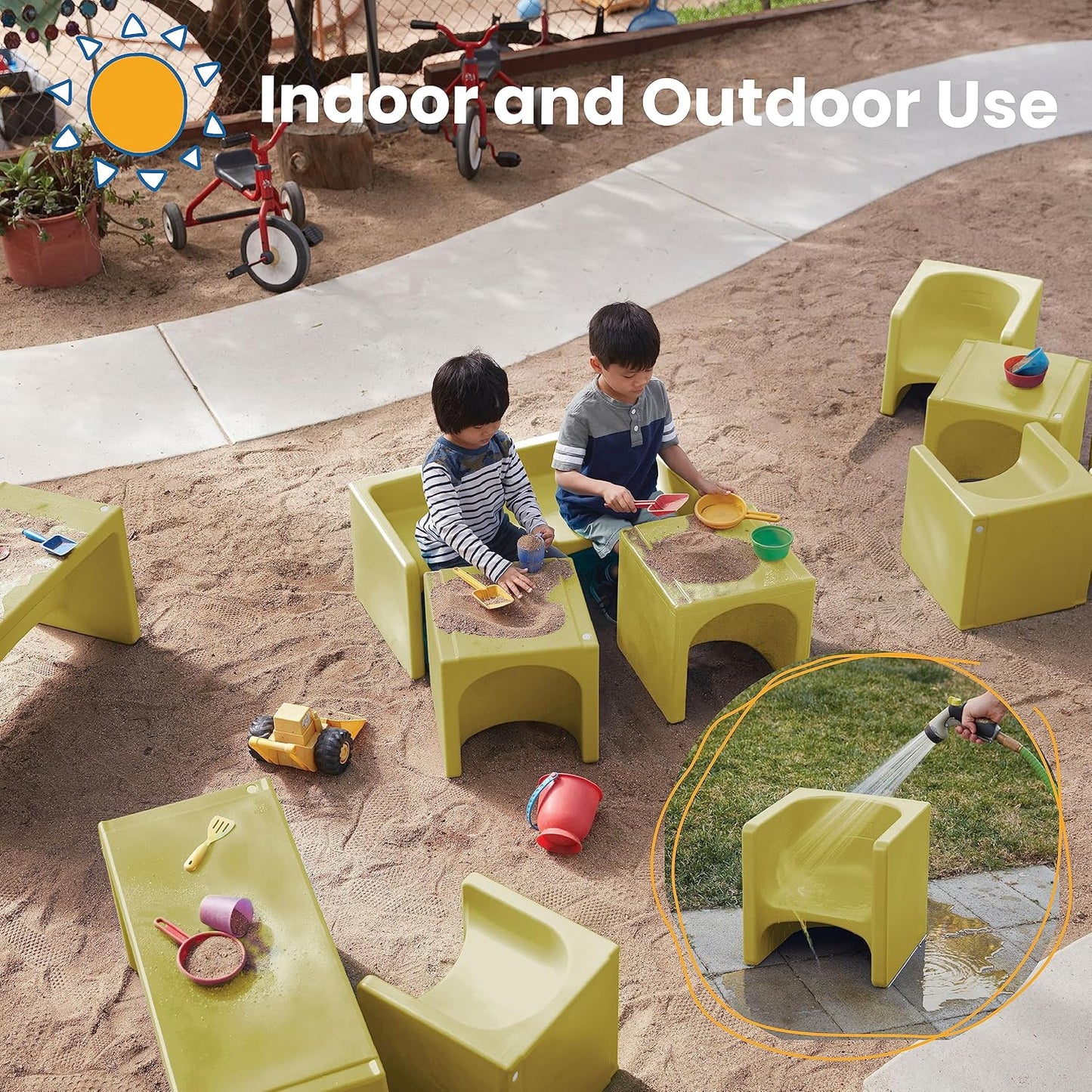 ECR4Kids Tri-Me Table and Cube Chair Set, Multipurpose Furniture, Fern Green, 3-Piece