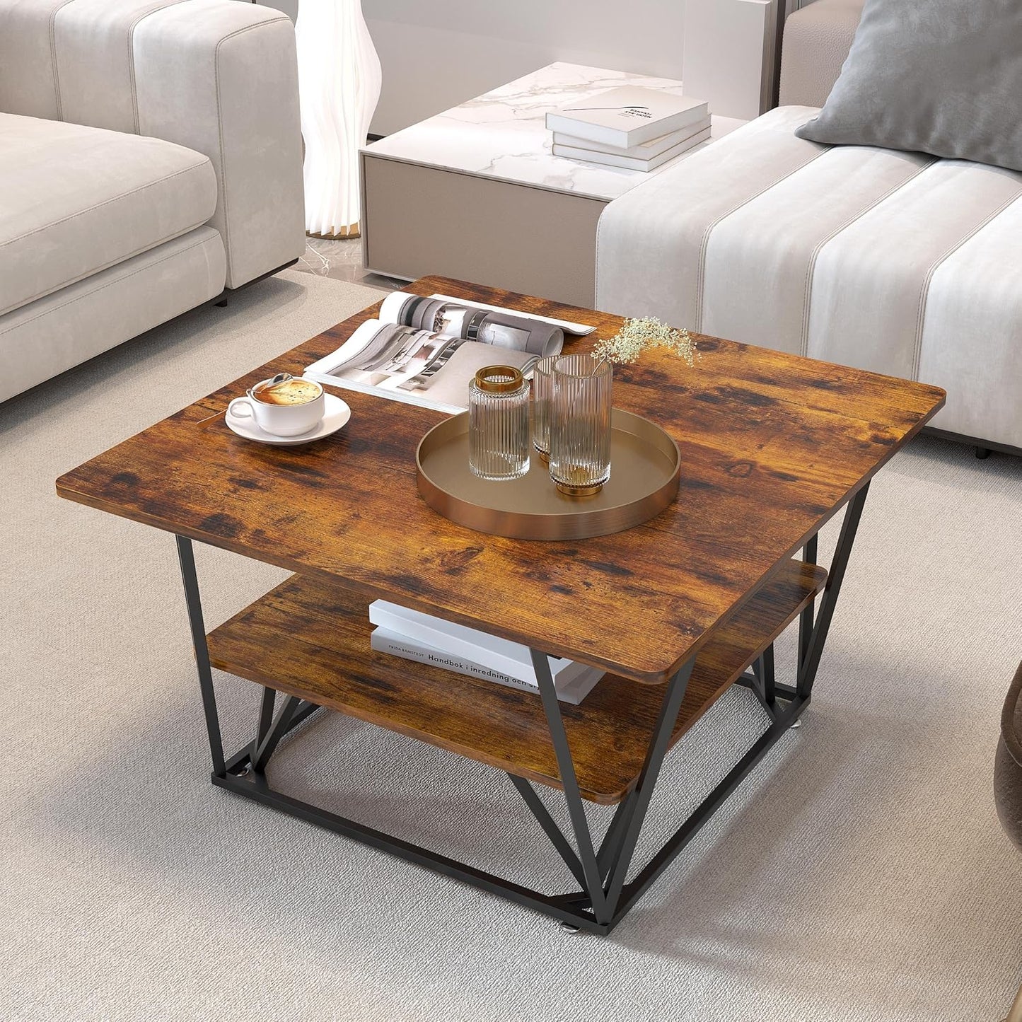 Elephance Square Coffee Table for Living Room, Modern 31.5" Two-Tier Caramel Brown Table with Wooden Top-Almond and Black Frame