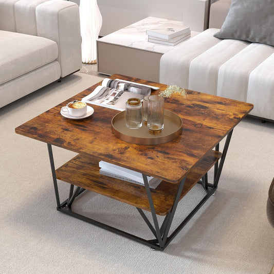 Elephance Square Coffee Table for Living Room, Modern 31.5" Two-Tier Caramel Brown Table with Wooden Top-Almond and Black Frame