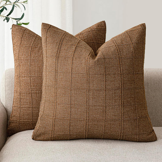 Foindtower Set of 2 Decorative Linen Check Throw Pillow Covers Neutral Farmhouse Vintage Cushion Covers Modern Boho Home Decor for Sofa Chair Couch Bedroom Living Room Outdoor,24×24 Inch,Brown Hazel