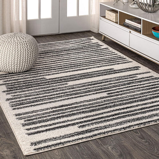 JONATHAN Y Khalil Modern Berber Stripe Cream/Black Indoor Area Rug, 4x6, Contemporary, Bohemian, Easy-Cleaning for Living Room, Bedroom, Kitchen, Pet Friendly, Non-Shedding (MOH207A-4)