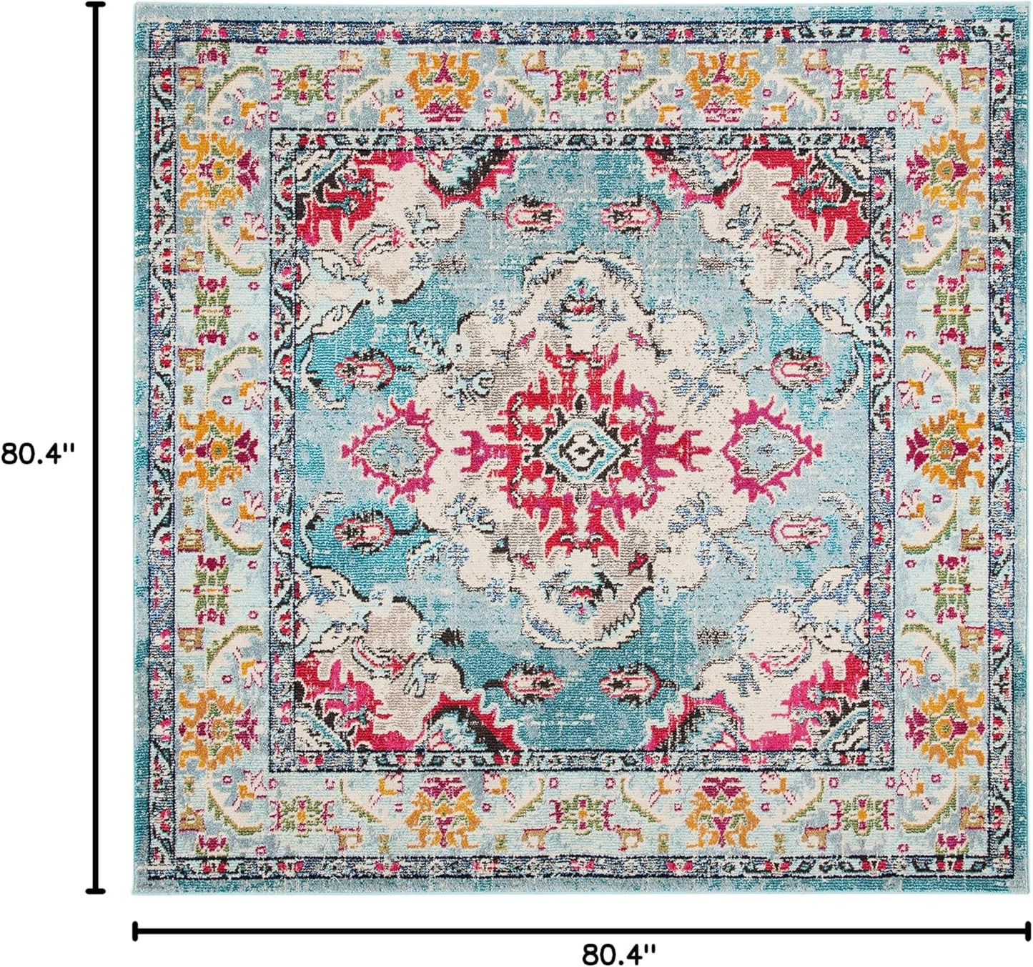SAFAVIEH Monaco Collection Area Rug - 6'7" Square, Light Blue & Fuchsia, Boho Chic Medallion Distressed Design, Non-Shedding & Easy Care, Ideal for High Traffic Areas in Living Room, Bedroom (MNC243J)