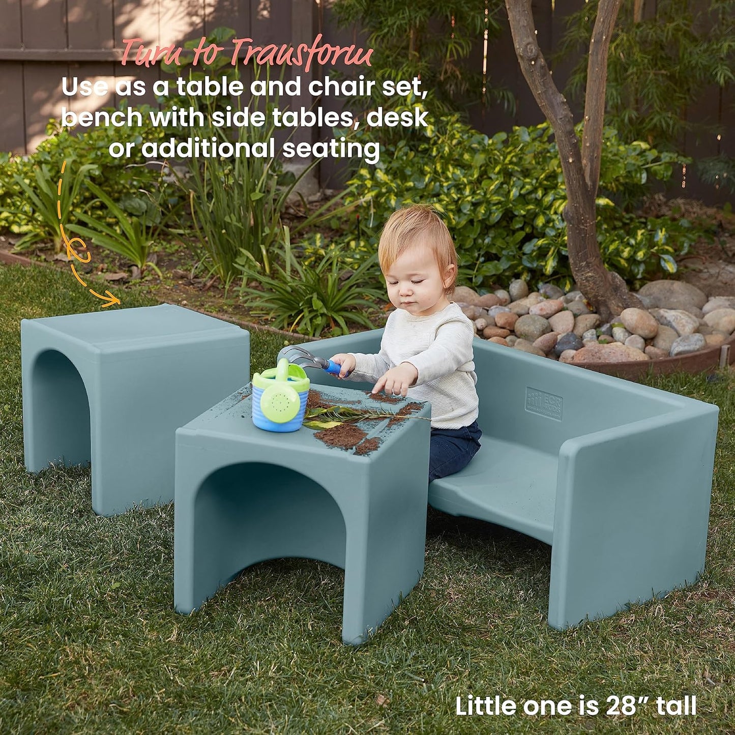 ECR4Kids Tri-Me Table and Cube Chair Set, Multipurpose Furniture, Powder Blue, 3-Piece
