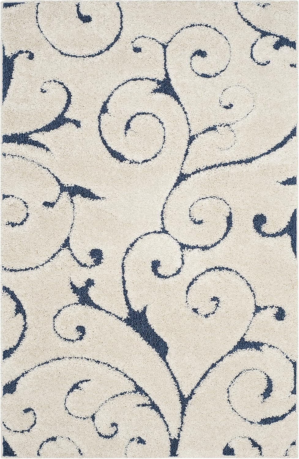 SAFAVIEH Florida Shag Collection Accent Rug - 4' x 6', Cream & Blue, Scroll Design, Non-Shedding & Easy Care, 1.2-inch Thick Ideal for High Traffic Areas in Entryway, Living Room, Bedroom (SG455-1165)