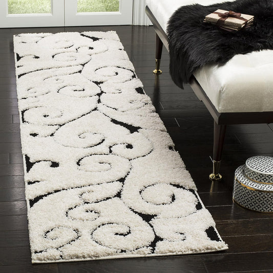 SAFAVIEH Florida Shag Collection Runner Rug - 2'3" x 7', Ivory & Black, Scroll Design, Non-Shedding & Easy Care, 1.2-inch Thick Ideal for High Traffic Areas in Living Room, Bedroom (SG455-1290)