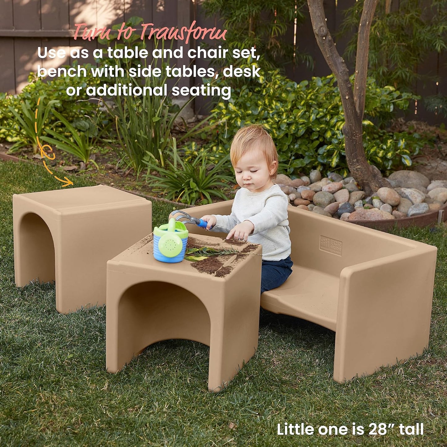 ECR4Kids Tri-Me Table and Cube Chair Set, Multipurpose Furniture, Sand, 3-Piece