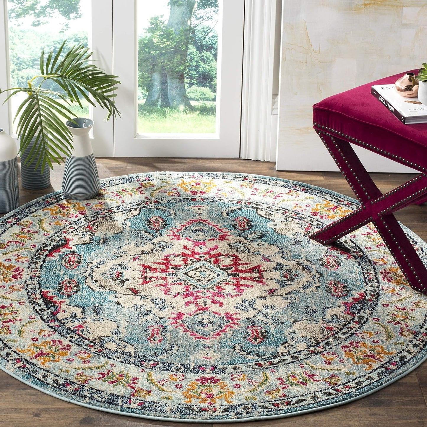 SAFAVIEH Monaco Collection Area Rug - 3' Round, Light Blue & Fuchsia, Boho Chic Medallion Distressed Design, Non-Shedding & Easy Care, Ideal for High Traffic Areas in Living Room, Bedroom (MNC243J)