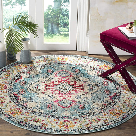 SAFAVIEH Monaco Collection Area Rug - 3' Round, Light Blue & Fuchsia, Boho Chic Medallion Distressed Design, Non-Shedding & Easy Care, Ideal for High Traffic Areas in Living Room, Bedroom (MNC243J)