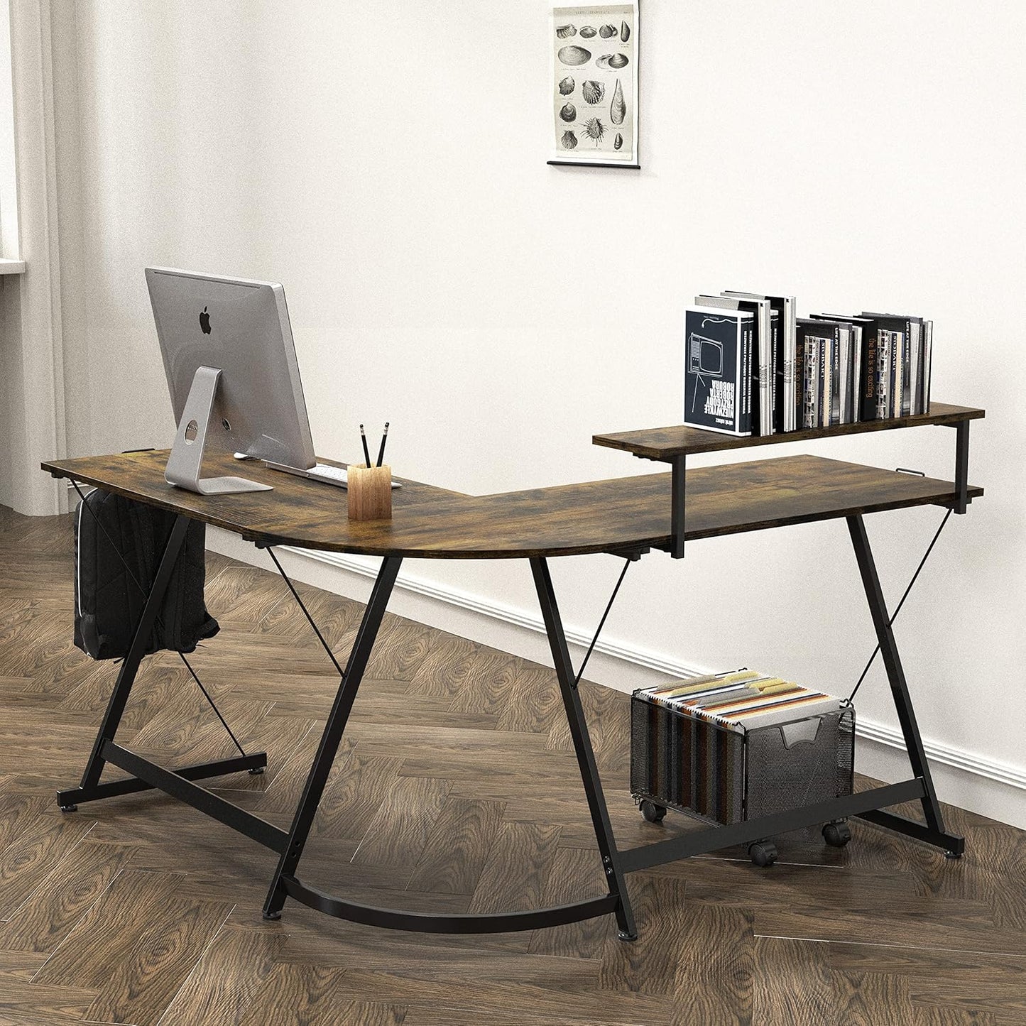 SHW 51 x 51 Inches Vista L-Shaped Desk with Monitor Stand and Drawer, Rustic Brown