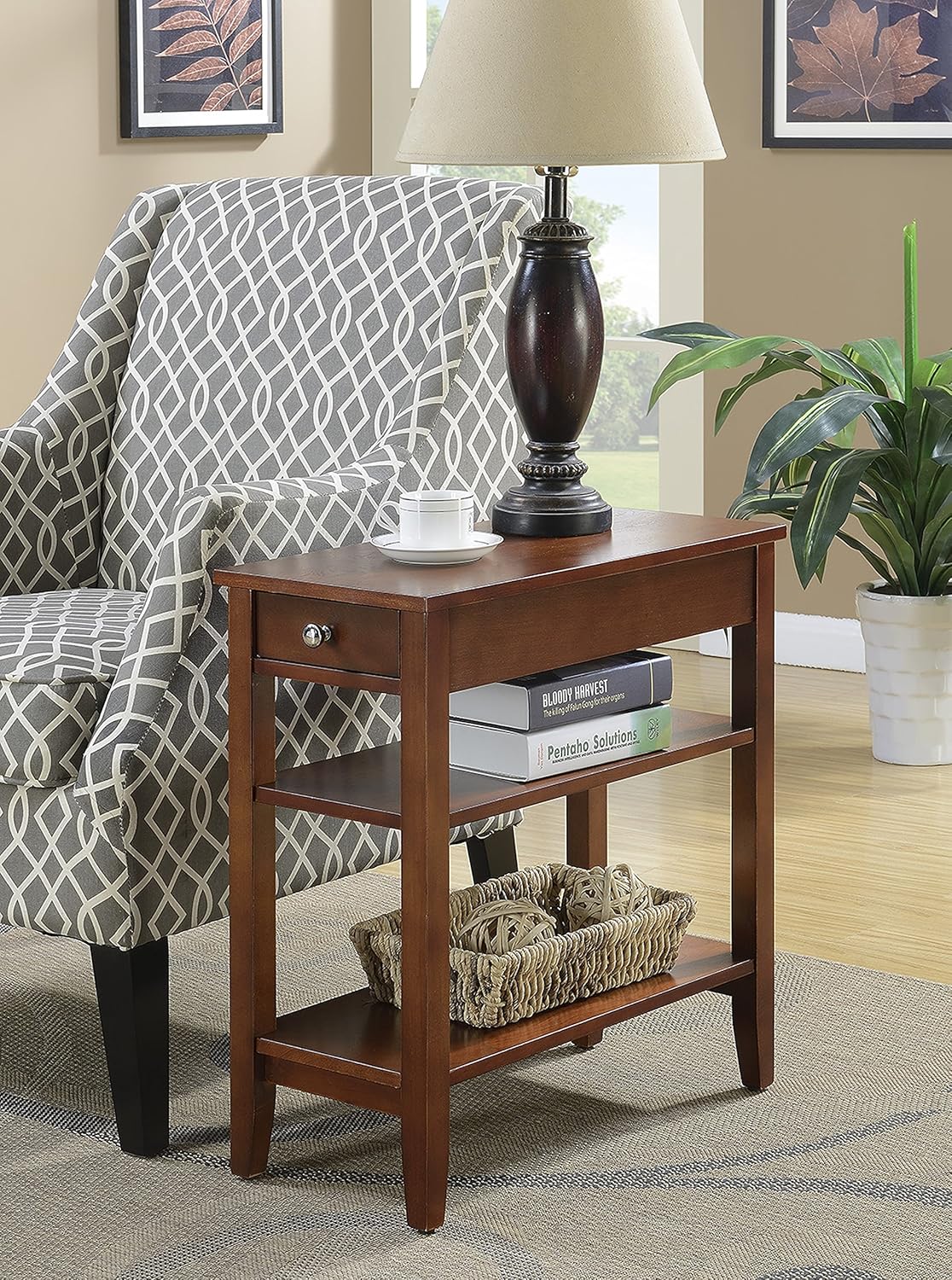 Convenience Concepts American Heritage Chairside End Table with Drawer 23.5" - Classic Living Room Table with Storage Shelf, Bedroom Nightstand, Mahogany