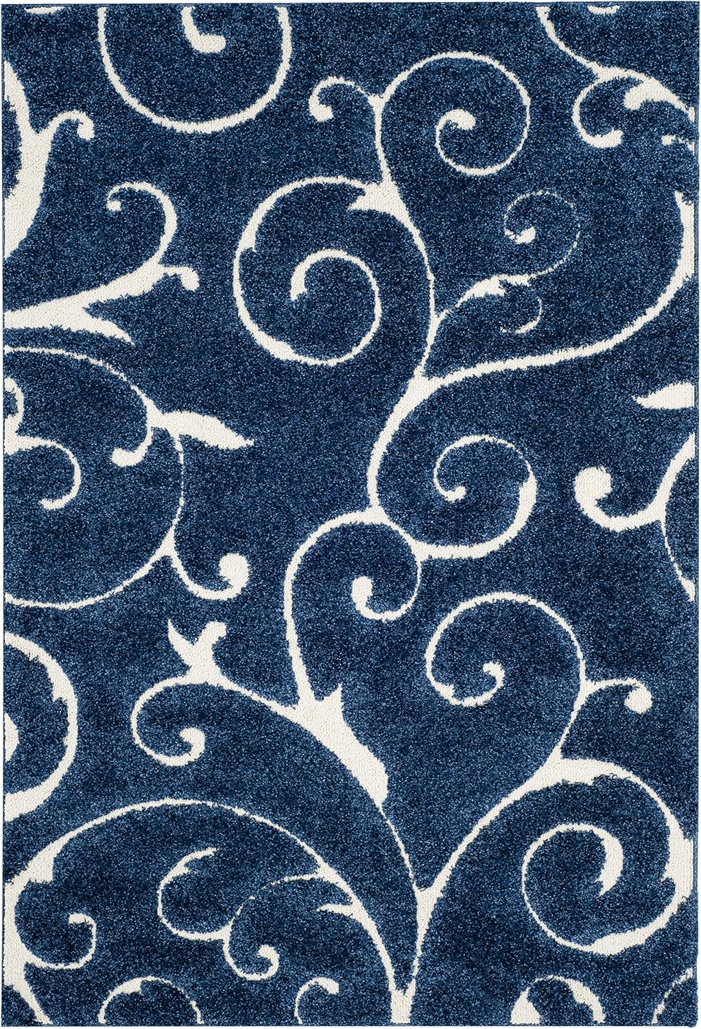 SAFAVIEH Florida Shag Collection Area Rug - 5'3" x 7'6", Dark Blue & Cream, Scroll Design, Non-Shedding & Easy Care, 1.2-inch Thick Ideal for High Traffic Areas in Living Room, Bedroom (SG455-6511)