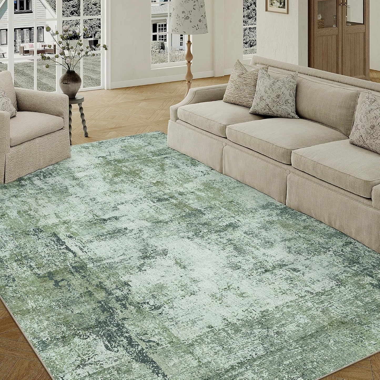 5x7 Washable Area Rug Dark Green Modern Neutral Abstract Living Room Bedroom Indoor Floor Carpet Low Pile Soft Non-Slip Lightweight Vacuumable Throw Rug for Kitchen Nursery Dining Room