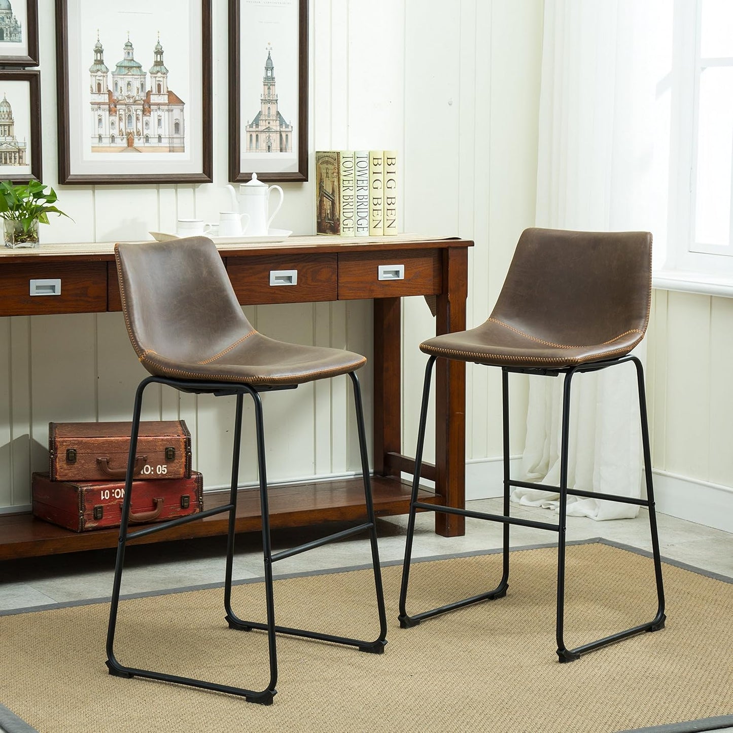 Roundhill Furniture Lotusville Vintage PU Leather Barstools, Antique Brown, Set of 2