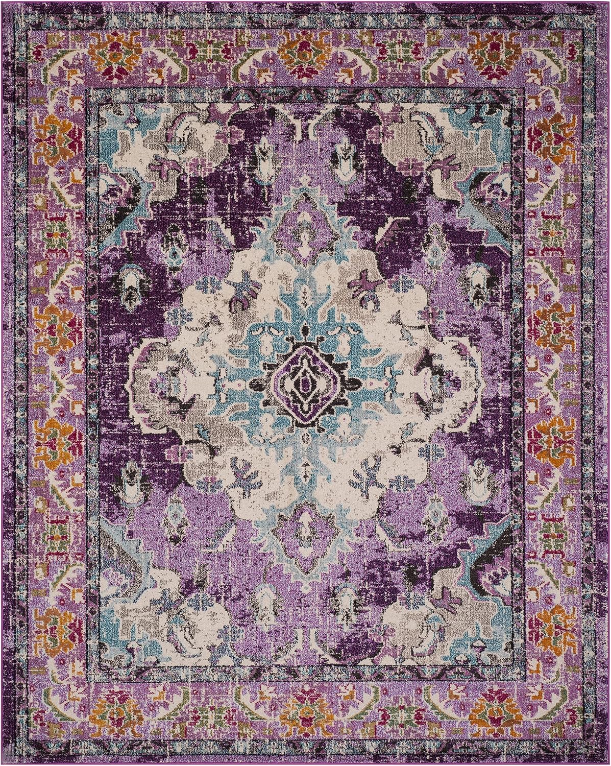 SAFAVIEH Monaco Collection Area Rug - 9' x 12', Violet & Light Blue, Boho Chic Medallion Distressed Design, Non-Shedding & Easy Care, Ideal for High Traffic Areas in Living Room, Bedroom (MNC243L)