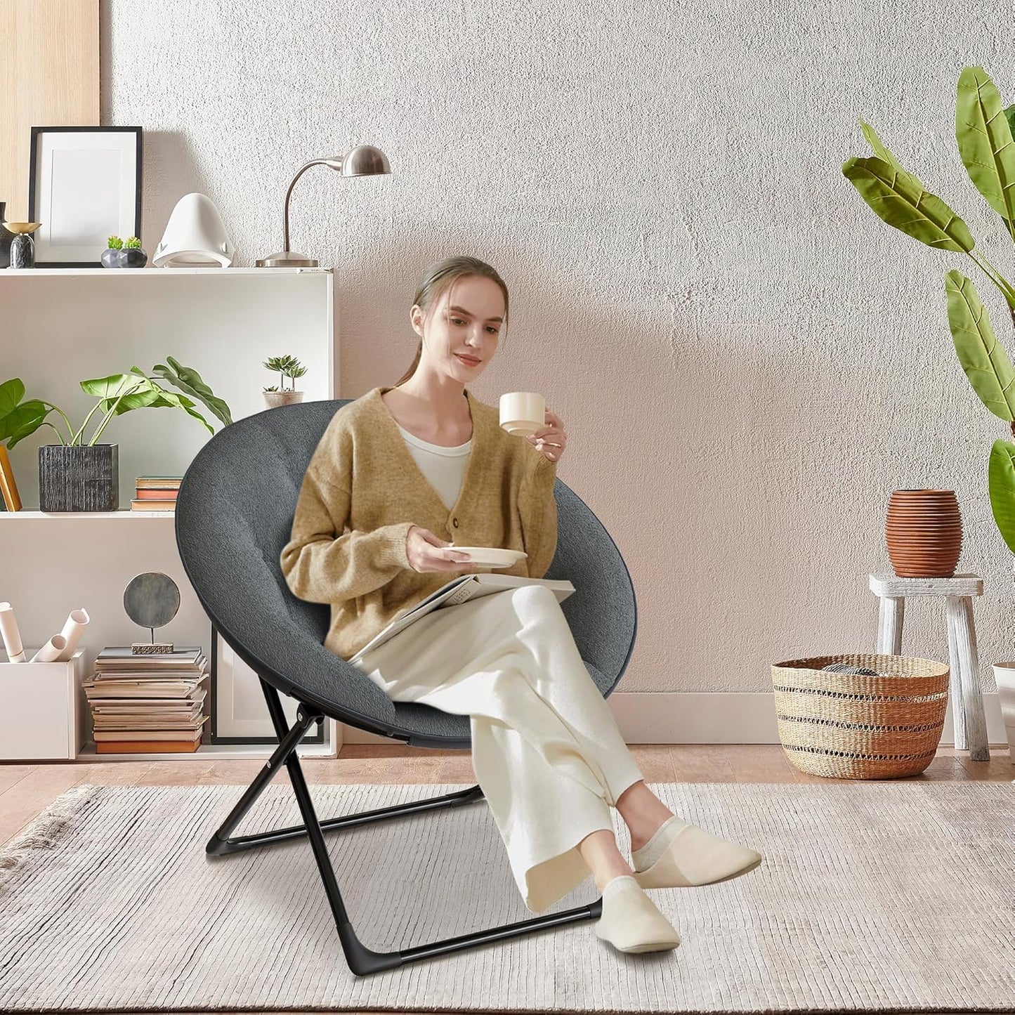 Comfy Saucer Chairs, Folding Reading Lounge Chair, Cozy Faux Fur Living Room Chair with Soft Thick Padded Seat & Metal Frame, Modern Style Bedroom Home for Kids Adults, X-Large, Gray