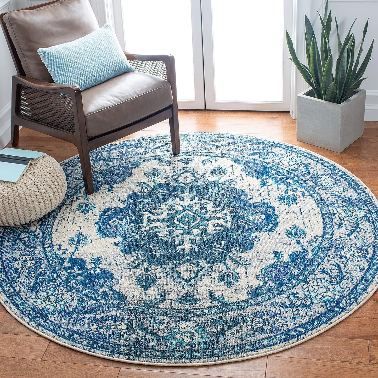 SAFAVIEH Monaco Collection 6'7" Round IvoryBlue MNC243A Boho Chic Medallion Distressed Non-Shedding Living Room Dining Bedroom Foyer Area Rug