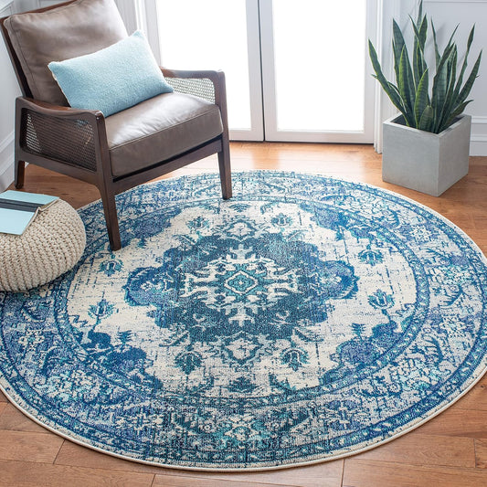 SAFAVIEH Monaco Collection 6'7" Round IvoryBlue MNC243A Boho Chic Medallion Distressed Non-Shedding Living Room Dining Bedroom Foyer Area Rug