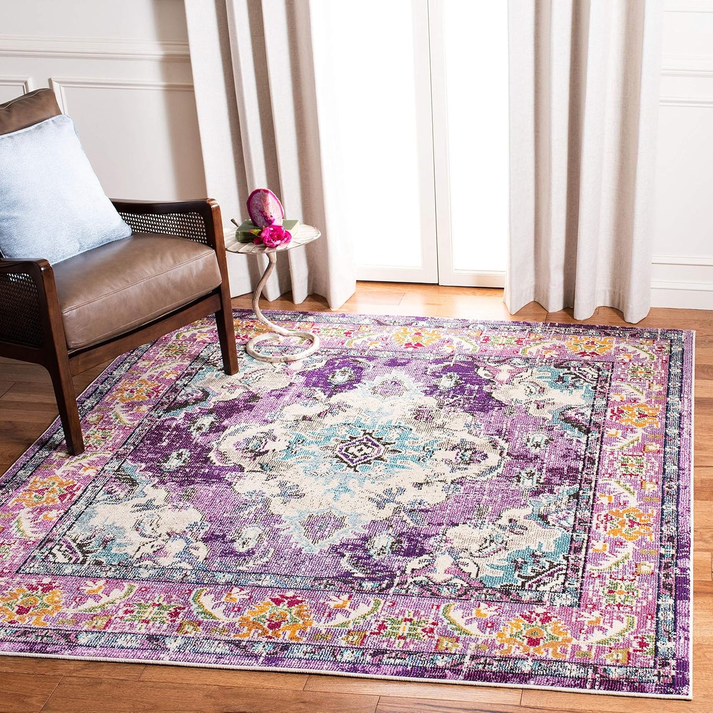 SAFAVIEH Monaco Collection Area Rug - 8'8" Square, Violet & Light Blue, Boho Chic Medallion Distressed Design, Non-Shedding & Easy Care, Ideal for High Traffic Areas in Living Room, Bedroom (MNC243L)