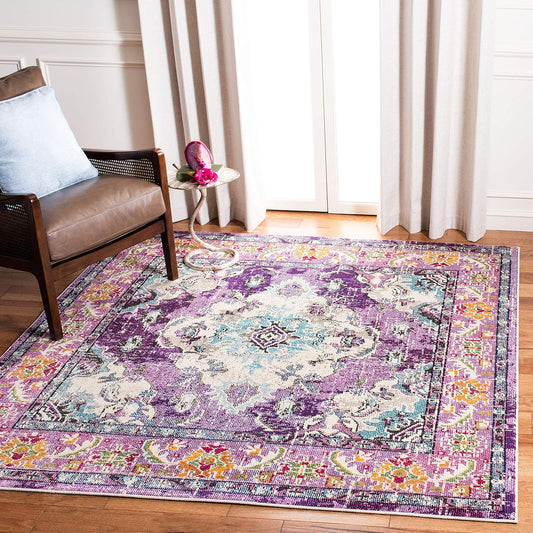 SAFAVIEH Monaco Collection Area Rug - 5' Square, Violet & Light Blue, Boho Chic Medallion Distressed Design, Non-Shedding & Easy Care, Ideal for High Traffic Areas in Living Room, Bedroom (MNC243L)