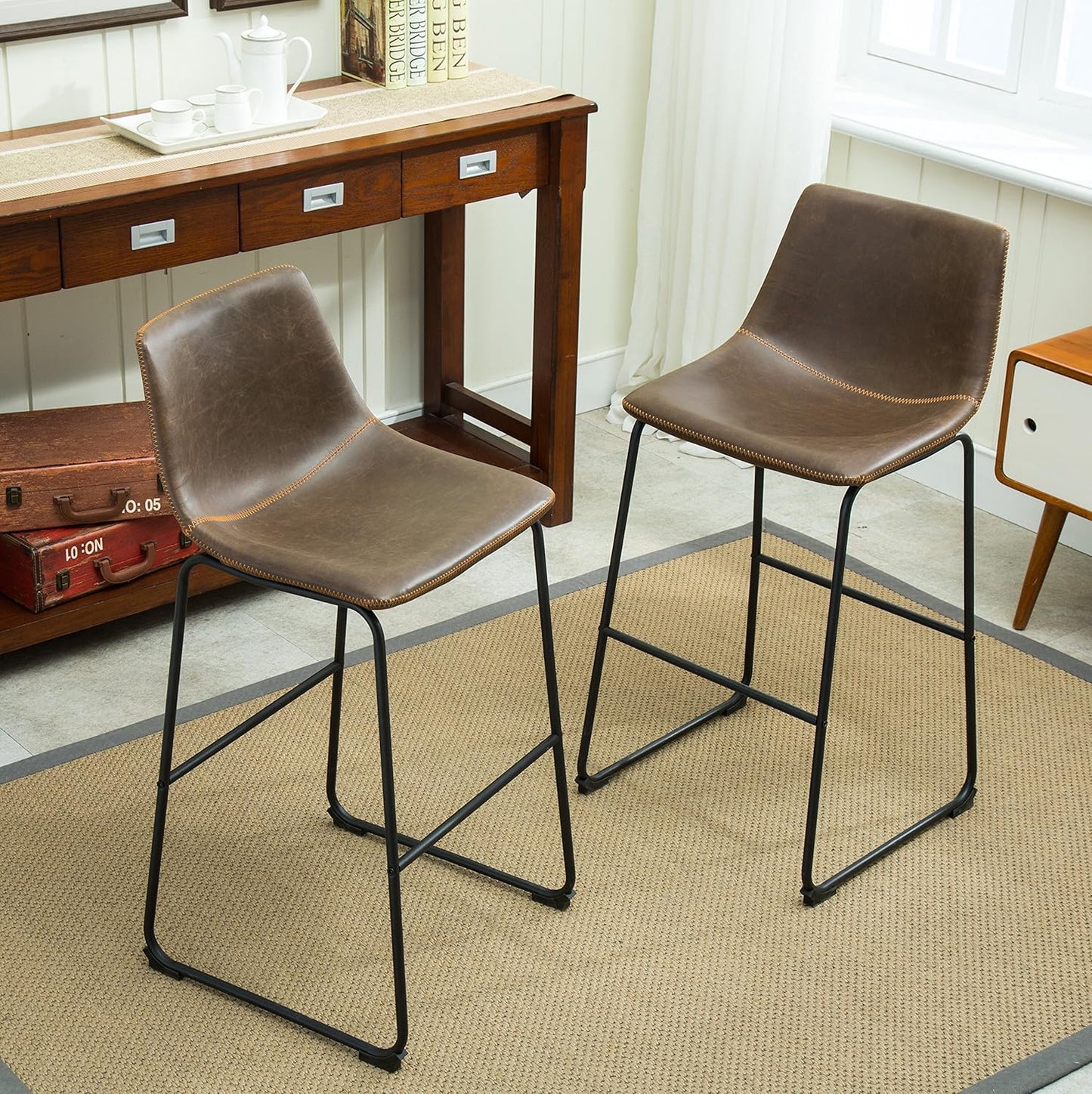 Roundhill Furniture Lotusville Vintage PU Leather Barstools, Antique Brown, Set of 2