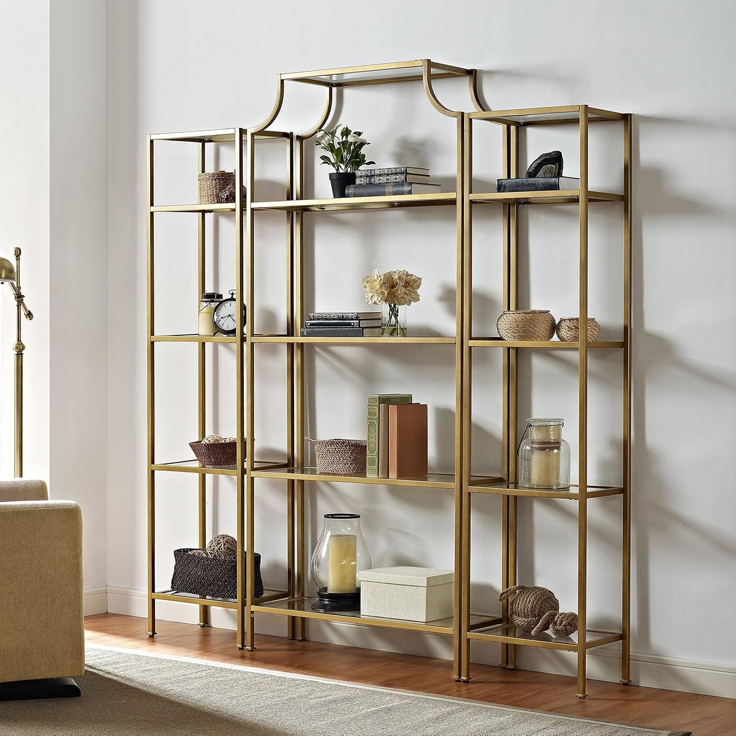 Crosley Furniture Aimee 3-Piece Bookshelf Set with Glass Shelves, Bookcase Storage, Gold and Glass
