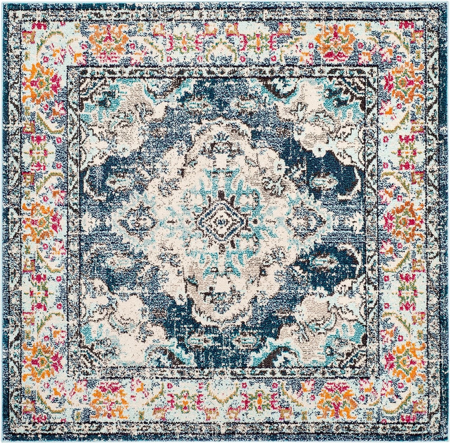SAFAVIEH Monaco Collection Area Rug - 4' Square, Navy & Light Blue, Boho Chic Medallion Distressed Design, Non-Shedding & Easy Care, Ideal for High Traffic Areas in Living Room, Bedroom (MNC243N)