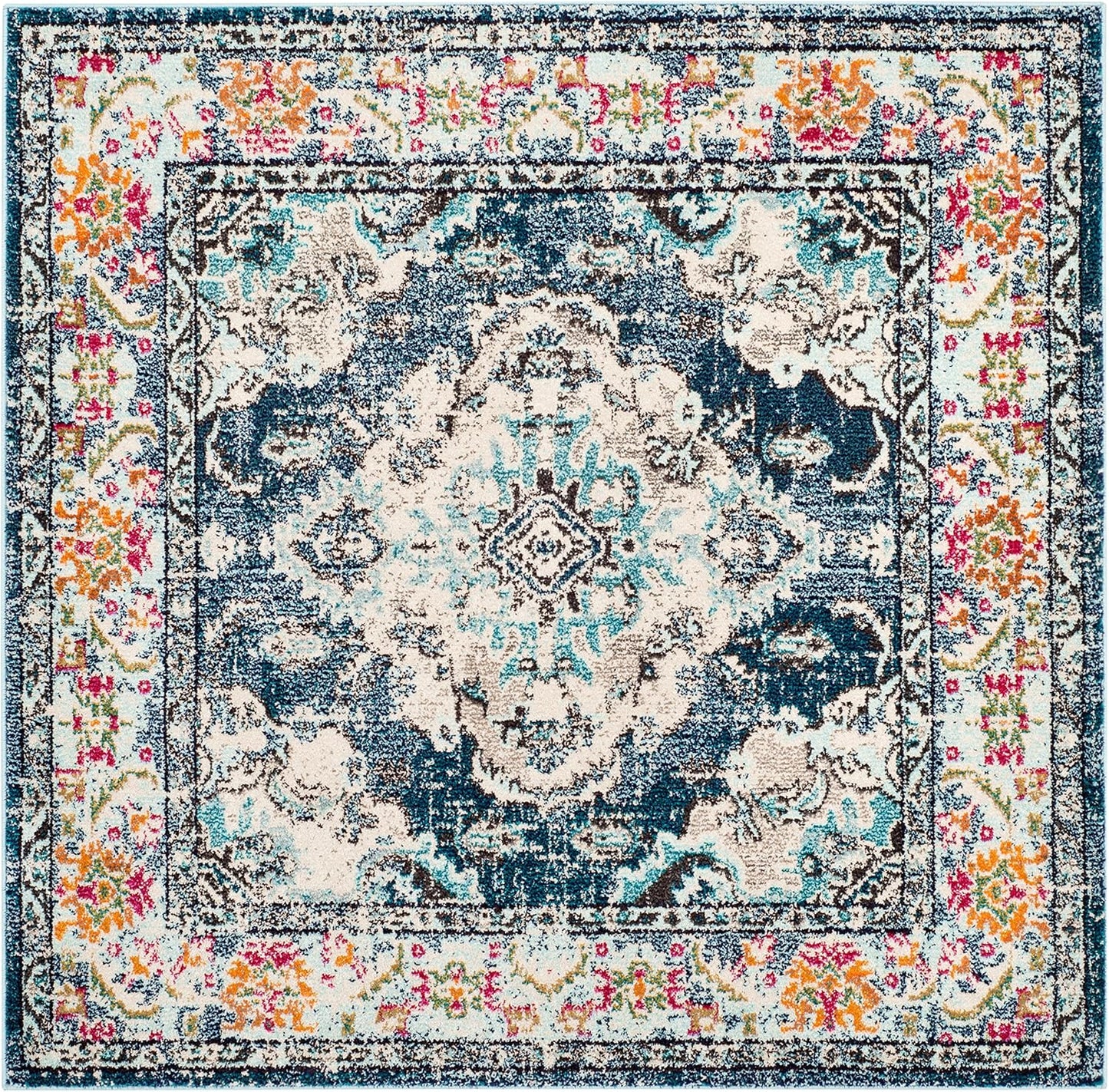 SAFAVIEH Monaco Collection Area Rug - 5' Square, Navy & Light Blue, Boho Chic Medallion Distressed Design, Non-Shedding & Easy Care, Ideal for High Traffic Areas in Living Room, Bedroom (MNC243N)