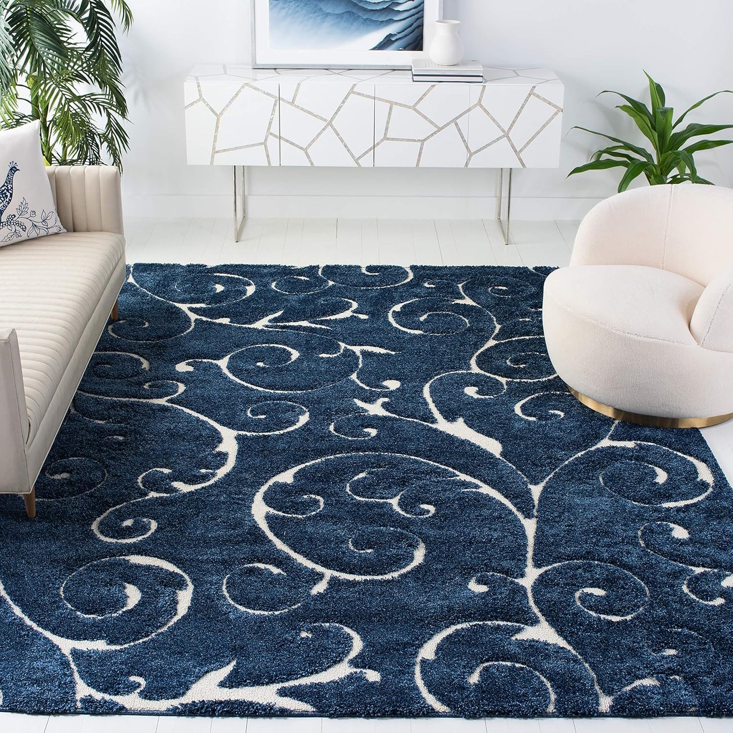 SAFAVIEH Florida Shag Collection Area Rug - 8'6" x 12', Dark Blue & Cream, Scroll Design, Non-Shedding & Easy Care, 1.2-inch Thick Ideal for High Traffic Areas in Living Room, Bedroom (SG455-6511)